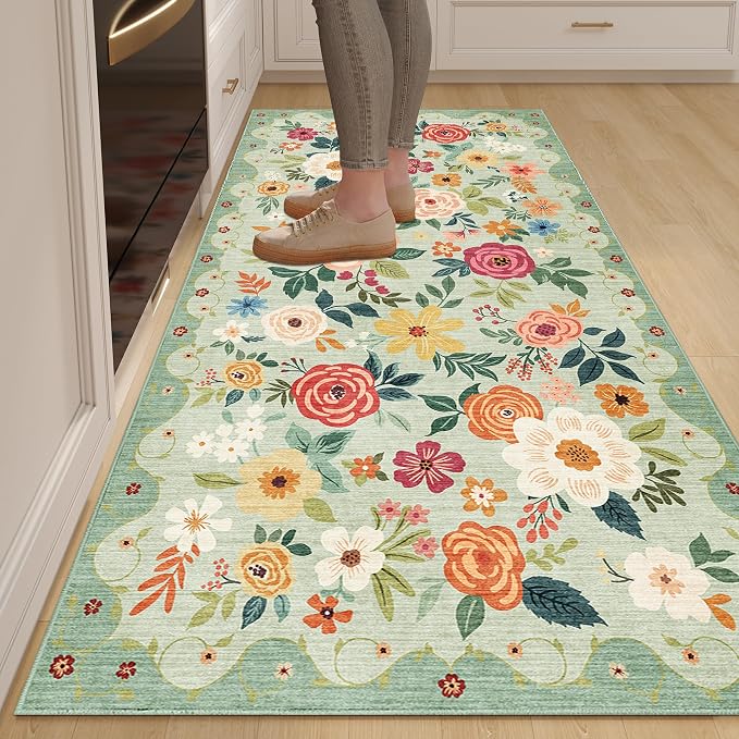 DUKINO 3x6 Runner Rug, Non Slip Floral Washable Rug for Kitchen, Green | Low Pile, Non Shedding, Soft Thin Indoor Rug for Hallway, Bedroom, Bathroom, Entryway, Laundry, Pet Friendly, Home Decor