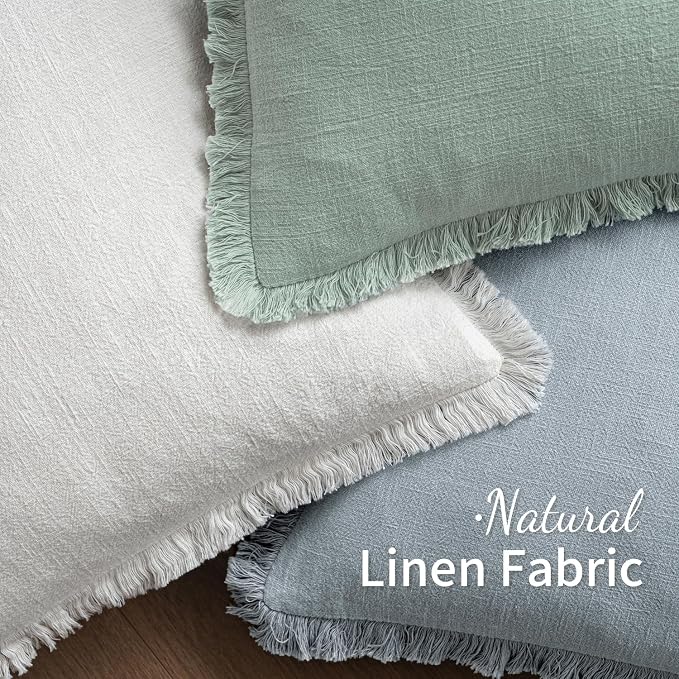 MIULEE Boho Linen Fringe Decorative Throw Pillow Covers Sky Blue 20x20 | Set of 2, Cottagecore Decor, Boho Farmhouse Coastal Pillow Covers, Rustic Couch Cushion Cases for Sofa Bed Living Room