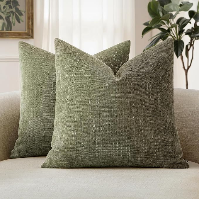 MIULEE Textured Chenille Throw Pillow Covers 20x20 Inch Olive Green | Pack of 2 Decorative Soft Throw Pillows, Solid Textured Cushion Covers, Modern Home Decor for Couch Sofa Bedroom Living Room