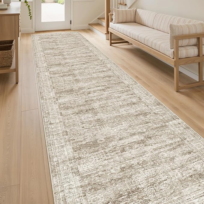 Soalmost Hallway Runner Rug 2'6" x 12' Washable Long Kitchen Rugs Brown | Non-Slip Vintage Runners 2.5x12ft for Bathroom Entryway, Thin Low-Pile Foldable Floor Carpet Mat 12 ft for Corridor Bedroom