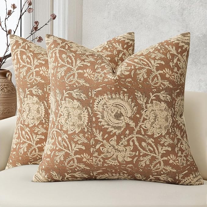 Vintage Floral Print Throw Pillow Covers 22x22 Set of 2 Neutral Modern Farmhouse Accent Decorative Cushion Covers Boho Home Decor for Couch Sofa Chair Bed Living Room, Cognac