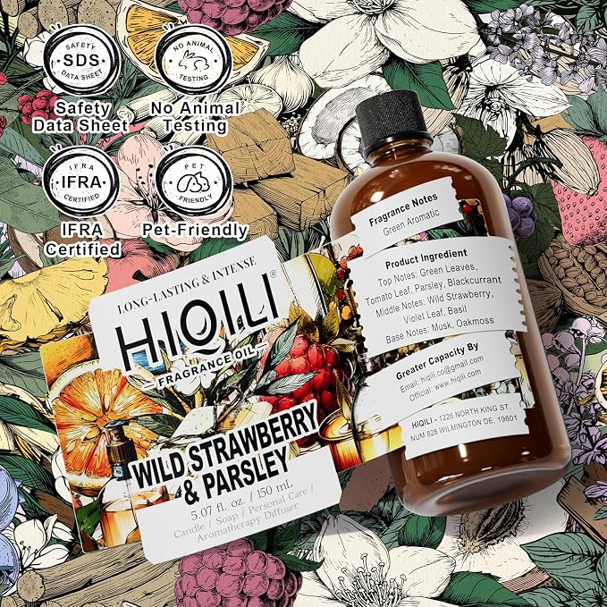 HIQILI Wild Strawberry & Parsley Fragrance Oil for Candle Making, Inspired by J-M.Lone Wild-Straw & Psley, Fresh Soap Scents, DIY Body Spray & Perfume for Women - 5.07 Fl Oz