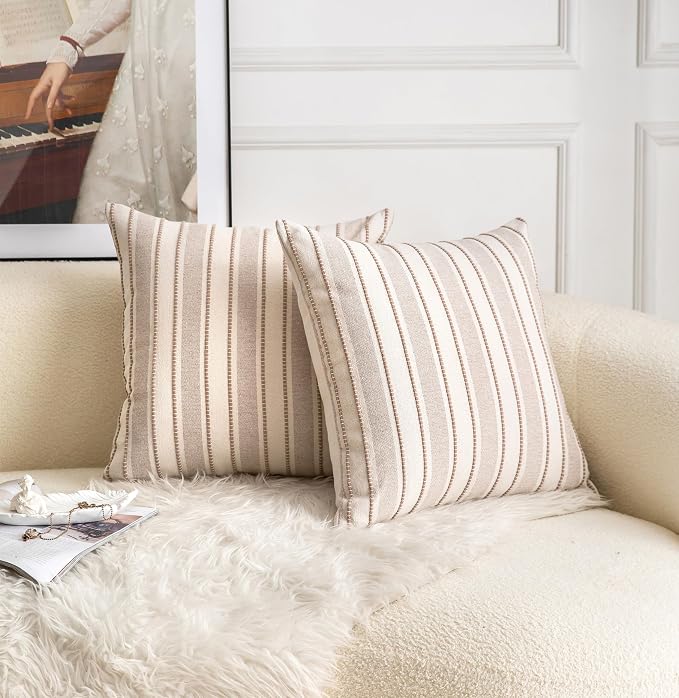 Cethom Decorative Boho Throw Pillow Covers, Farmhouse Textured Pillow Case, 22 x 22 Inch Set of 2, Chair Sofa Bedroom Living Room Home Decor Couch Cushion Case, Taupe and Beige Striped