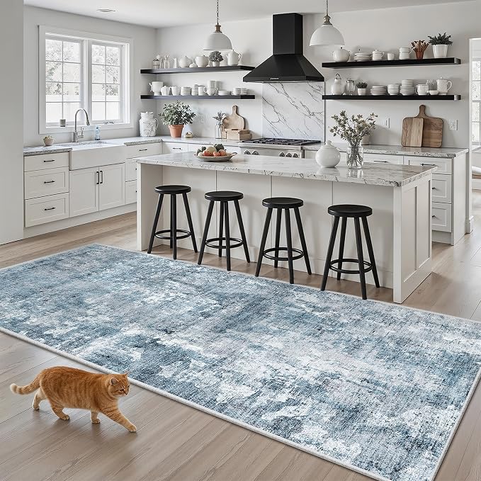 Soalmost Abstract Runner Rug 3x6 Hallway Kitchen Rugs Non-Slip, Blue/Grey | Vintage Washable Runners 6ft for Bathroom Laundry Room, Foldable Low-Pile Floor Carpet Mat for Entryway Corridor Bedroom