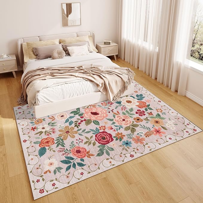 DUKINO 9x12 Area Rug for Living Room, Floral Washable Rug Non Slip, Beige | Soft, Low Pile Indoor Large Rug for Bedroom, Dining Rom, Kids Playroom, Office, Pet Friendly, Modern Home Decor, Non-Shedding