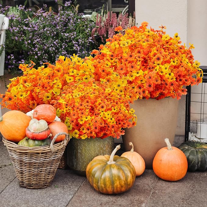 ColoPlay 16 Bundles Artificial Mums for Outdoors, Fake Flowers Fall Decor | Faux Mums for Outdoor Planters, Eucalyptus Leaves UV Resistant Fake Plants for Home Porch Box Wedding Farmhouse(Fall Red)