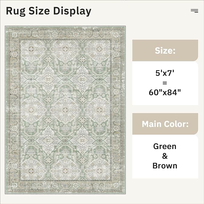 Soalmost 5x7 Area Rug Low Pile Washable Trendy Faded Style Rug, Green/Brown | Vintage Non-Slip Indoor Accent for Bedroom Dining, Foldable Stain Resistant Floor Carpet Mat Under Table Home Office Decor