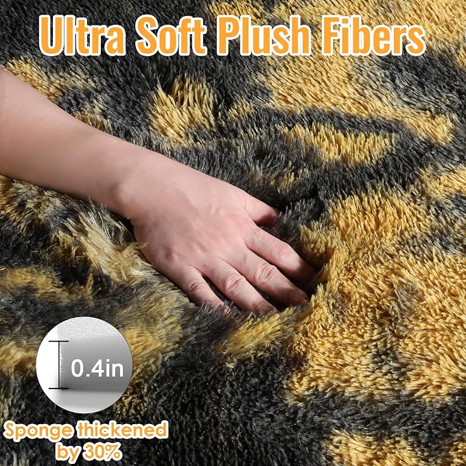 PAGISOFE 4x6 Black and Yellow Bedroom Rugs, Fluffy Modern Living Room Area Rug, Fuzzy Shaggy Carpet, Indoor Plush Rugs for Kids Room Furry Floor Rug for Boys Room Decor Carpet for Teen Dorm Nursery