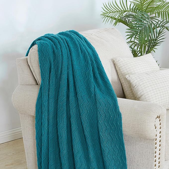 BOURINA Teal Throw Blanket 60x80 Inch Boho Knitted Soft Throw Sofa Blanket | Knitted Throw Blanket 60x80 Inches, Soft Lightweight Boho Weave Throw Decorative Couch Blanket for Living Room Bedroom Chair