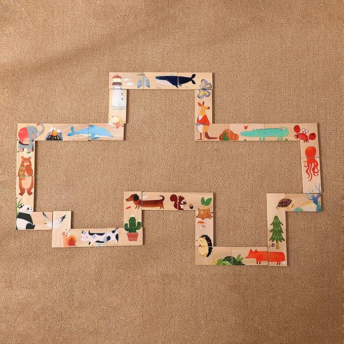IEATFO 28 Pcs Wooden Domino Puzzle Set with Storage Box - Multicolor Plant, Animal and Landscape Designs - Montessori Toy with Nature-Themed Learning, Domino Game, Logic Puzzle and Building Blocks