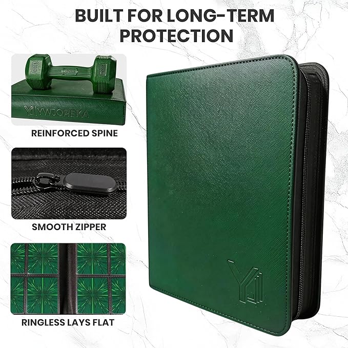 Toploader Binder 4 Pocket, Holds 128 Toploaders, Double-Sided Card Storage Binder for 3" x 4" Rigid Cards, PU Leather Album for Trading Cards & Sports Cards(green)