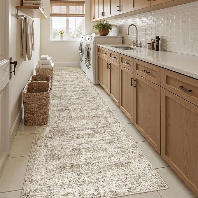 Soalmost Hallway Runner Rug 2'6"x10' Non-Slip Runners for Kitchen Brown | Washable Vintage Long Rugs 2.5x10ft Bathroom, Thin Low Pile Foldable 10ft Floor Carpet Mat for Entryway Corridor Bedroom