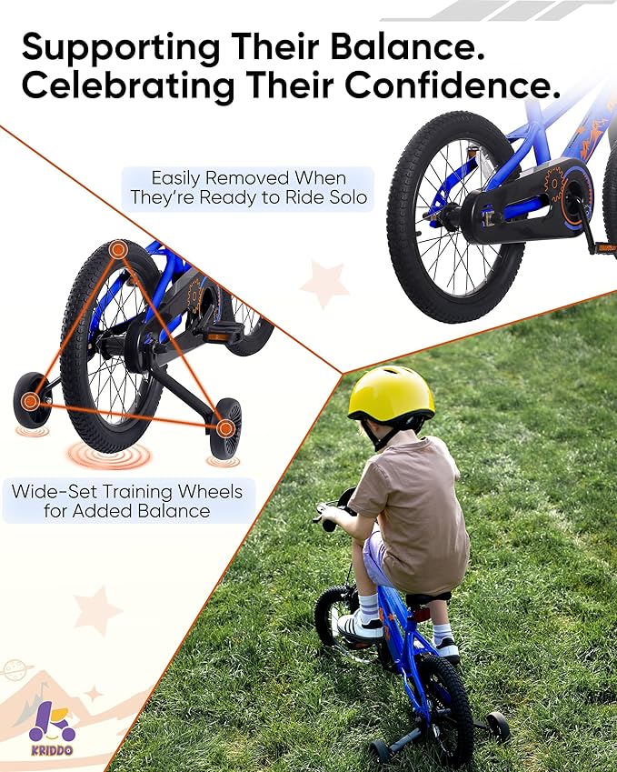 KRIDDO 14-16 Inch Kids Bike for Ages 3–8, Boys and Girls Bicycle with Removable Training Wheels, Bicycle for Kids with Hand Brake & Coaster Brake, Adjustable Height, DIY Name Plate