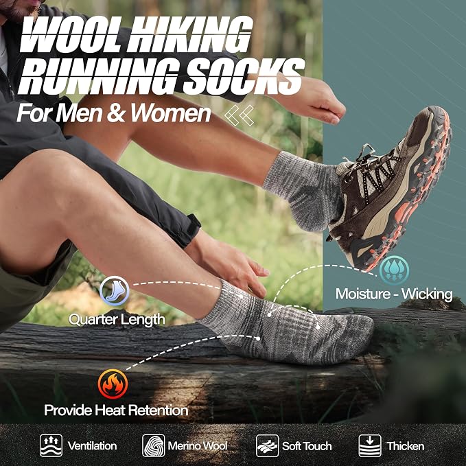 ANTSANG 6 Pairs Merino Wool Quarter Ankle Hiking Running Socks Compression Thermal Thick Cushion Socks for Women Men