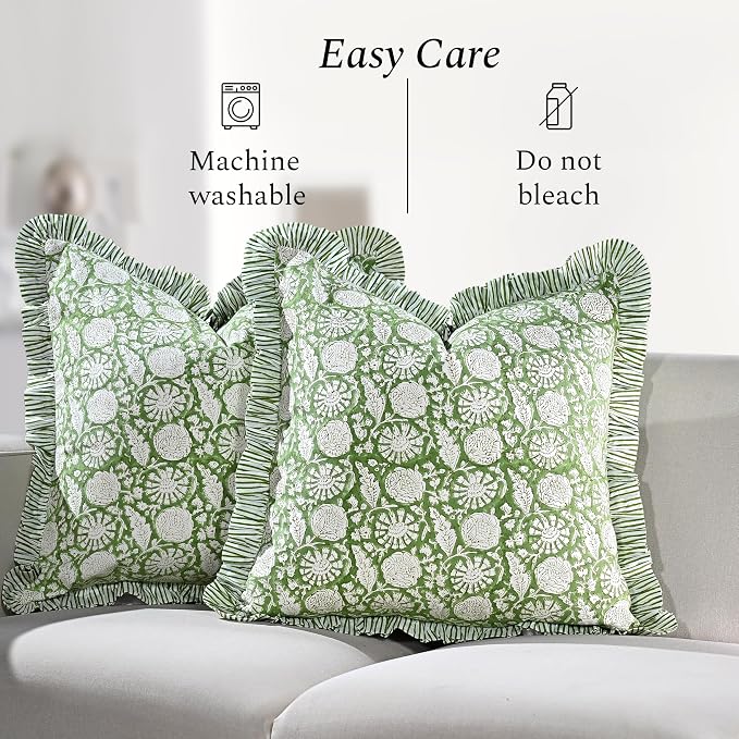 CPC Olive Bloom Hand Block Print 100% Cotton Ruffle Throw Pillow Cover 18x18 inch with Hidden Zipper Decorative for Couch, Bed, Sofa, Farmhouse, Cottagecore Decor Gift Christmas Fall Thanksgiving