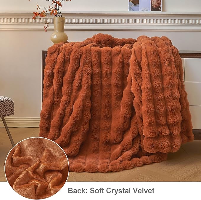 LIFEREVO Luxury Fluffy Faux Rabbit Fur Throw Blanket 60x80, Burnt Orange | Plush Fuzzy Bubble Lap Throw for Couch Sofa Office, Soft Cozy Furry Bed Blanket Home Decoration, Washable & Skin-friendly