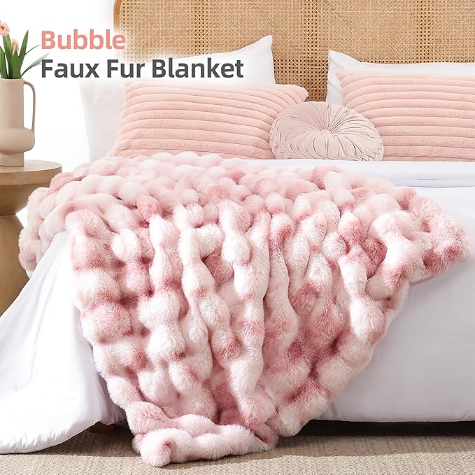 Faux Fur Throw for Couch - Tie-dye Pink Bubble Blanket 60"x80" | Fluffy Plush Fuzzy Throw for Sofa & Bed, Super Soft Cozy Comfrt Blanket, Luxury Aesthetic Pink Decor Gift for Women