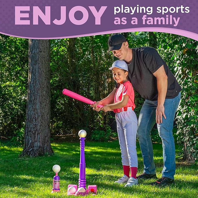 TOMLEON T Ball Stand for Kids and Toddlers 1-3, 3-5, 5-8. Baseball Set Includes 6 Large Balls, an Adjustable Tball Batting Tee, and a Pitching Machine. Kids Bat and T-Ball Set
