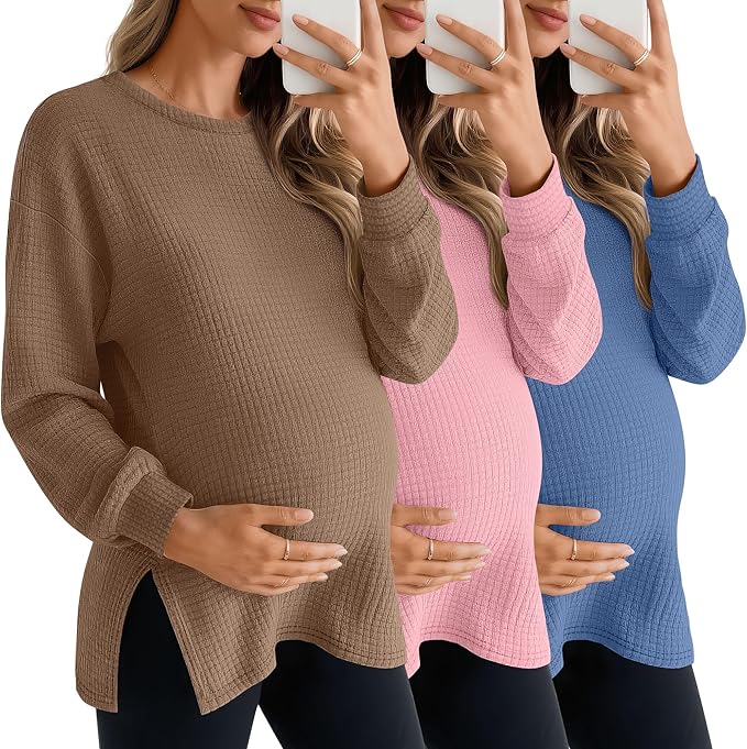 3 Pack Women's Maternity Shirts Long Sleeve Waffle Knit Side Split Oversized Tops Pregnancy Clothes Fall Tees