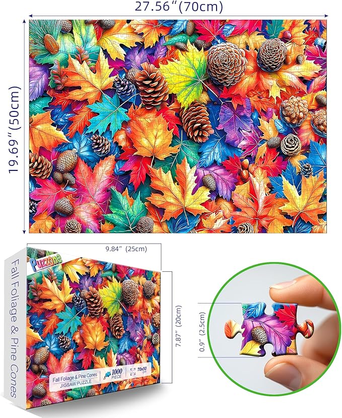 Fall Foliage Jigsaw Puzzle 1000 Pieces for Adults Vibrant Autumn Leaves & Pine Cones Colorful Nature Pattern Adult Puzzle Fun Family Game Night Seasonal Home Decor(27.6"x19.7")