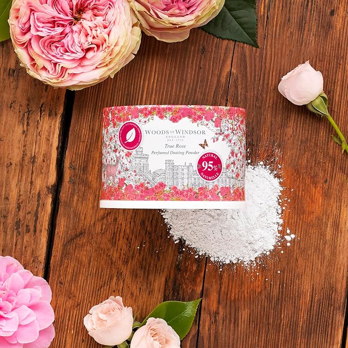 Woods of Windsor True Rose Odour Control Dusting Powder Puff 0.22 lb | Floral Body Talcum Powder, Helps Reduce Chafing, 95% Naturally Derived Ingredients, Vegan and Cruelty Free
