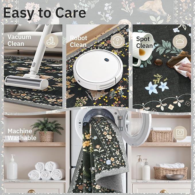 Soalmost Dog 6x9 Area Rugs for Living Room, Washable Animal Soft Rug Black | Floral Vintage Non-Slip Low Pile Cute Throw Rugs for Living Room Kitchen Dining Room Bedroom Nursery Playroom 5' x 7'