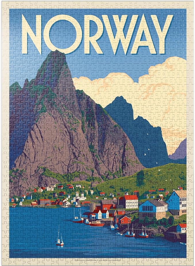 MyPuzzle Norway: The Land of Fjords, Vintage Poster - Premium 1000 Piece Jigsaw Puzzle for Adults