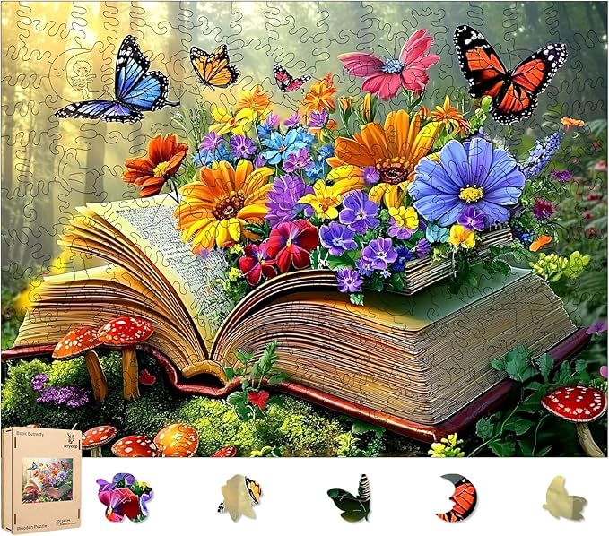 Ixfyloop Butterfly Book Wooden Puzzles for Adults, Colorful Wildflower Magic Jigsaw Puzzles, Wood Toys with Puzzle Storage 200 Pieces, Creative Gift for Family Game 11.8x8.8 inch