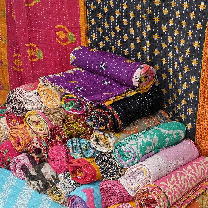 Marubhumi Vintage Kantha Quilt – Handmade Reversible Cotton Throw Blanket with Assorted Patchwork | Boho-Style Decorative Bedding for Sofa, Couch, Bed & Picnic | 1 Pc