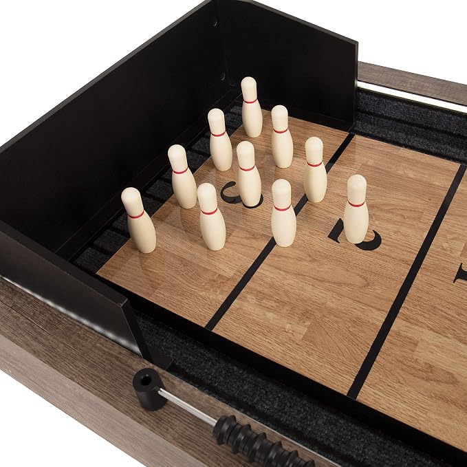 American Legend Kirkwood 9’ Shuffleboard Table with LED Rails, Bowling Game Set, Rustic Wood Finish & Accessories Included