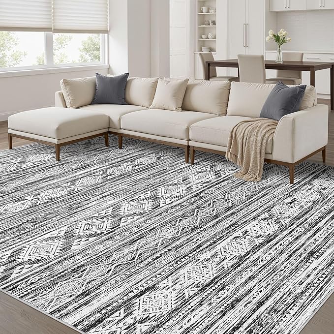 Nakagishi Boho 4x6 Area Rug Living Room Rugs Machine Washable Black White | Soft, Pet & Kid Friendly, Carpet for Living Room/Bedroom/Office/Kitchen/Nursery, Daily Home Decor Stain Resistant Moroccan