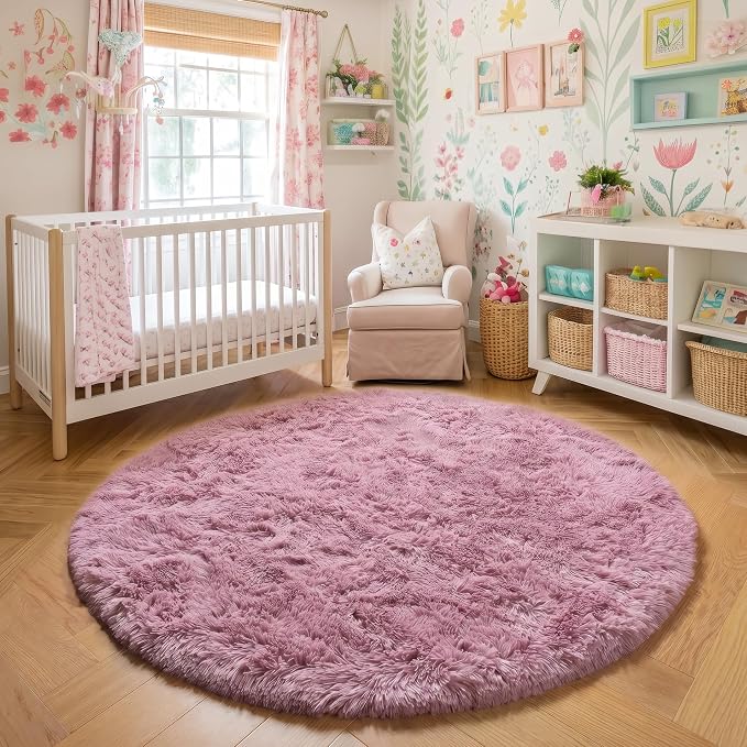 Amdrebio Mauve Pink Round Circle Rug 4Ft for Girls Bedroom, Cute Fluffy Fuzzy Area Rugs for Kids Room Decor Aesthetic, Shaggy Circular Carpet for Nursery Classroom Dorm, Furry Dusty Rose Blush Rug