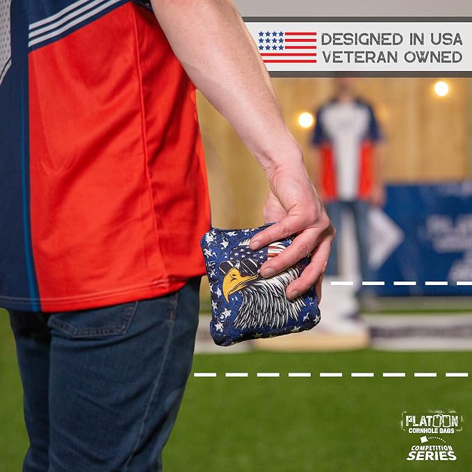 Play Platoon Competition Series Cornhole Bags Set of 8 Regulation Professional Weight Double Sided Slick and Stick with Rubber Sticky Dot Slow Side for Pro Corn Hole Bean Bag Toss Game-Designed in USA