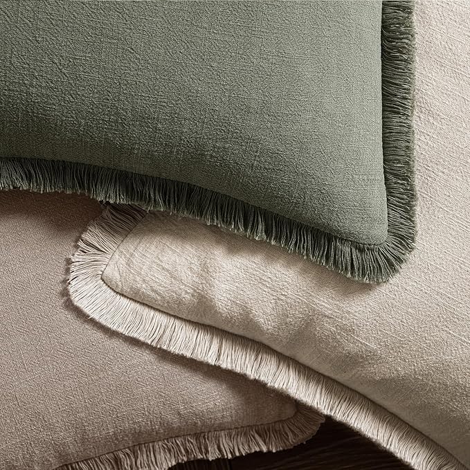MIULEE Linen Fringe Decorative Fall Euro Throw Pillow Covers Dune 24x24 | Set of 2, Cottagecore Decor, Boho Farmhouse Neutral Pillow Covers, Rustic Fall Couch Cushion Cases for Sofa Bed Living Room