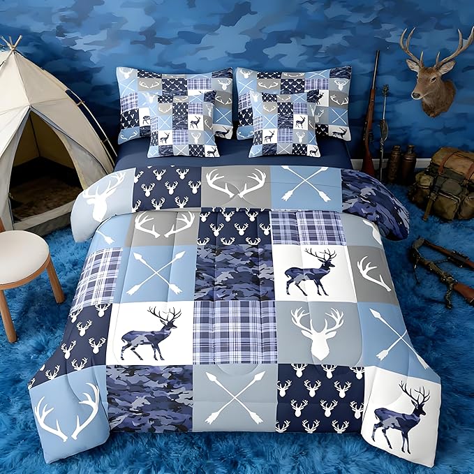 Feelyou Hunting Camo Deer Comforter Set Queen Size 7pcs Blue Camouflage Hunter Bedding Set Wildlife Animal Bed in a Bag with Comforter, Sheets, Pillowcases, Cushion Covers Rustic Western Decor