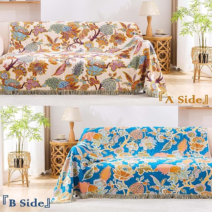 XIBLC Boho Throw Blanket for Bed, 100% Cotton Soft Rustic Quilt Fall Blanket, 80"x90" Floral Printed Farmhouse Decor Bed Blankets, All Season Rustic Reversible Bohemian Throw Quilt
