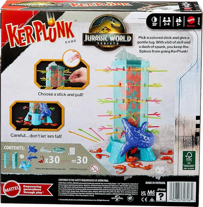 Mattel Games Kerplunk Jurassic World Rebirth Game for Kids & Family with Ocean Tower and Spinosaurus Figures Inspired by The Movie