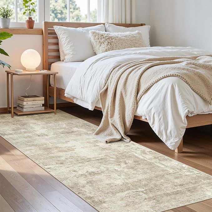 Soalmost Runner Rug 2'6"x8' Kitchen Hallway Runners Abstract Beige/Gray | Washable Non-Slip 2.5x8ft Carpet Entryway Bathroom, Low Pile Vintage Foldable Floor Mat for Corridor Laundry Room Bedroom