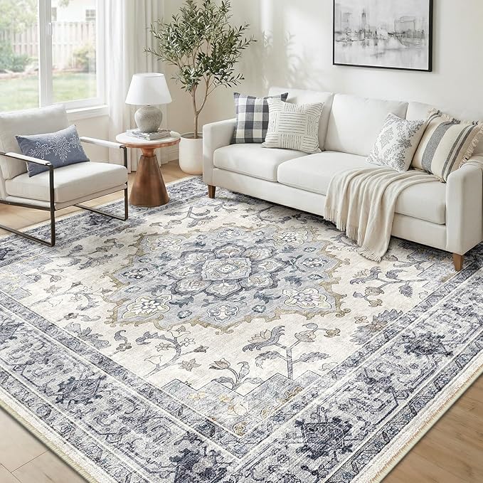 CAPALOCA 8x10 Washable Nursery Girls Low Pile Area Rug Blue White | Non-Slip Soft Rugs for Bedroom Kids Playroom Living Room, Print Pattern Water Repellent Carpet Indoor Decor