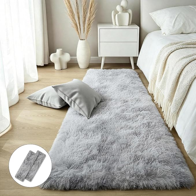 Light Grey Fluffy Shag Rug 2x6, 2 Pcs Soft Fuzzy Plush Washable Carpet | Non Slip comfy shaggy furry rug for bedroom, living room, kids room, nursery, dorm, boys and girls