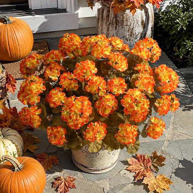 Fake Geraniums Artificial Flowers for Outdoors Autumn Decoration, 6 Bundles Silk Geraniums Look Real Faux Fall Flowers Plants for Front Door Garden Planter Patio Balcony Yard Home Indoor, OrangeYellow