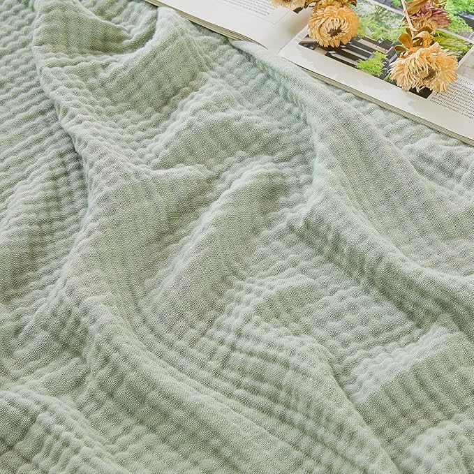 EMME Cotton Muslin Queen Blanket Bed Layering Bedspread Coverlet Breathable Gauze Soft Lightweight Blankets Adults (Heather Sage Green, 90"x90")