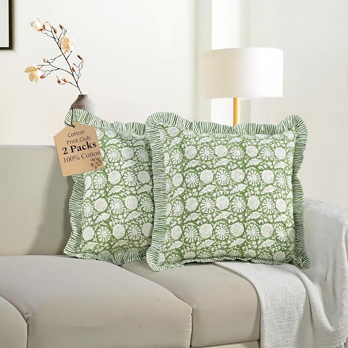 CPC Olive Bloom Hand Block Print 100% Cotton Ruffle Throw Pillow Cover 24x24 inch with Hidden Zipper Decorative for Couch, Bed, Sofa, Farmhouse, Cottagecore Decor Gift Christmas Fall Thanksgiving