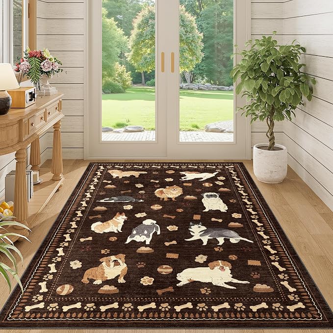 DUKINO 4x6 Area Rug, Washable Dog Rug for Living Room Non Slip, Brown | Low Pile, Stain Resistant, Soft Animal Carpet for Bedroom Office Dorm Dining Room Kids Room Farmhouse, Kid & Pet Friendly