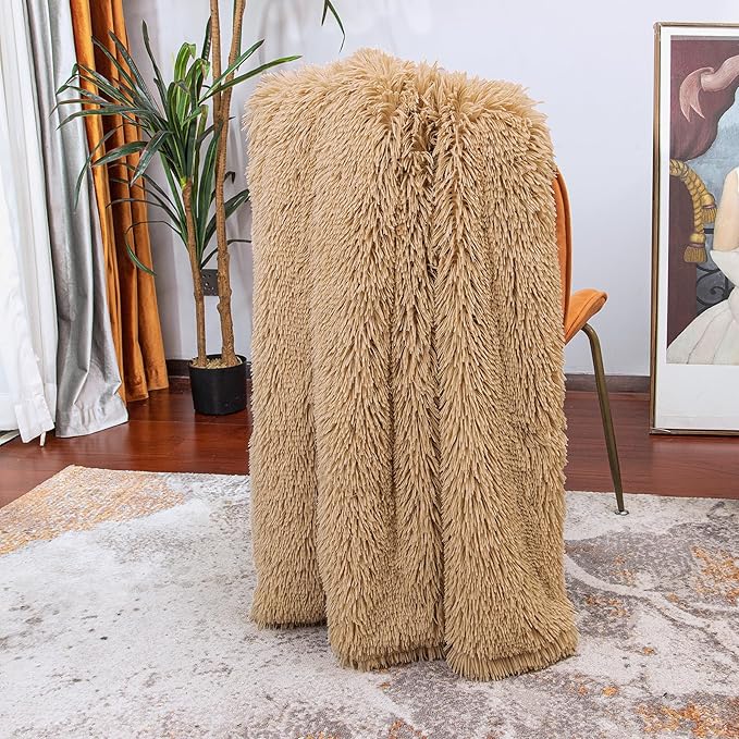 Decorative Extra Soft Faux Fur Blanket Twin Size,Solid Reversible Fuzzy Lightweight Long Hair Shaggy Blanket,Fluffy Plush Fleece Comfy Microfiber Throw Blanket for Couch Sofa Bed,Camel
