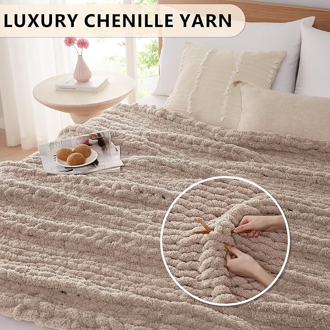 L'AGRATY Chunky Knit Throw Blanket for Couch, 80 x 90 Inches, Light Taupe | Handmade Chenille Crochet Blanket for Sofa Bed, Thick Cable Knitted Blankets for Room Home Decor, Birthday Gift for Women Mom