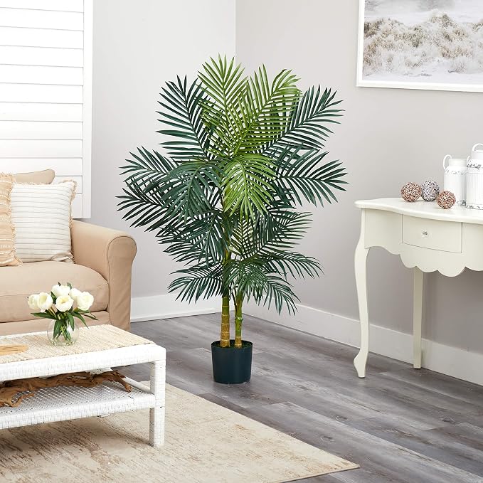 Nearly Natural 5 ft Artificial Golden Cane Palm Tree with Nursery Pot | Double-Stalk Faux Tropical Plant, Indoor Living Room Decor, Easy-Setup, Low-Maintenance