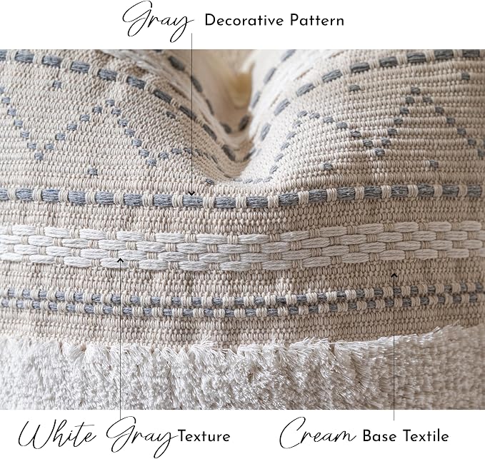20X54 Oversized Large Lumbar Pillow Cover for Bed, Rectangular Long Decorative Throw Pillowcase, Cotton Boho Accent Cushion with Gray Tufted Pattern and Tassels, Cream Neutral (Cover Only)