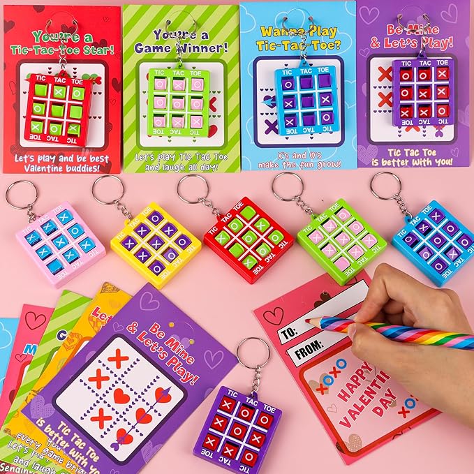 24 Pack Valentines Day Gifts for Kids Classroom Valentines Day Cards with Tic-Tac-Toe Game Keychains Valentines for Kids School Class Exchange Cards Valentines Party Favors Boys Girls Toddlers