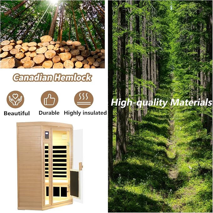 LTCCDSS 2-3 Person Corner Sauna, 8 Ultra Low EMF (0-5mG) Heaters, 1670W Hemlock Infrared Sauna, 1 Outdoor Lamp, 3 Color Lamps, 2 Read Lamps, 2 Bluetooth Speakers
